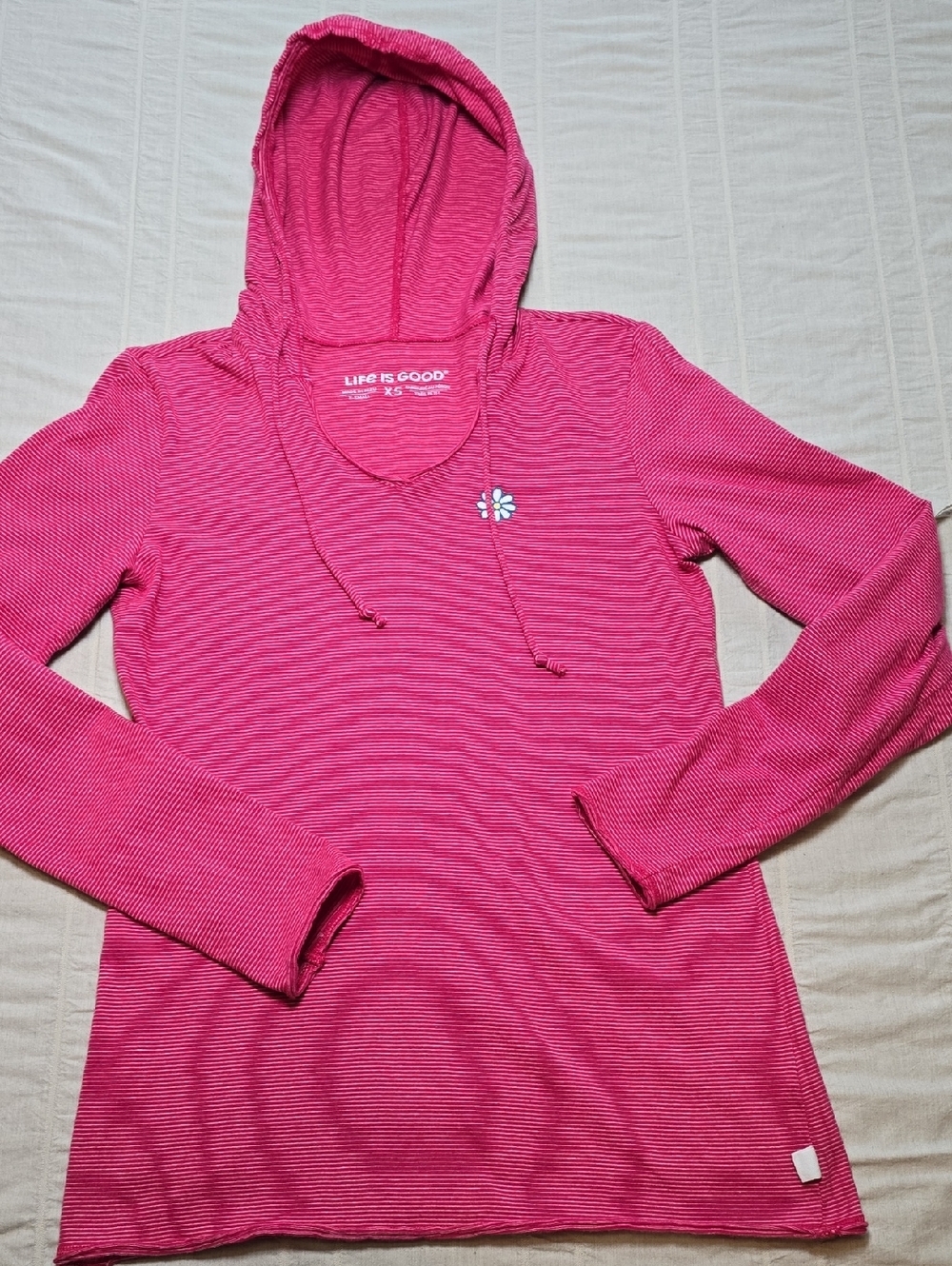 Life is Good Pink Striped V-Neck Long Sleeve Hooded Tee